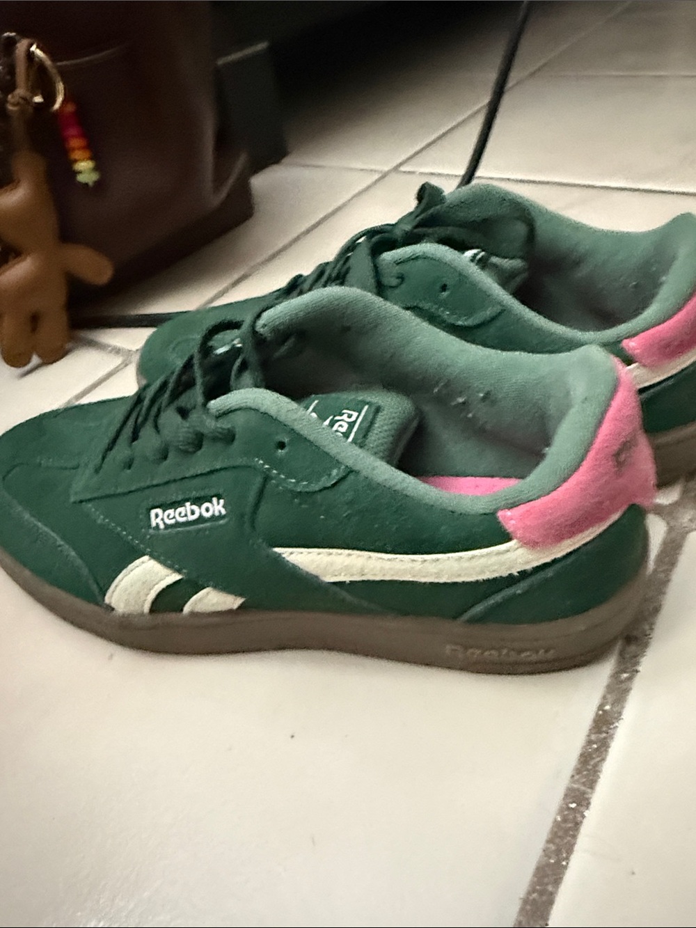 Reebok womens Forest Green Suede Sneakers with Pink Heel